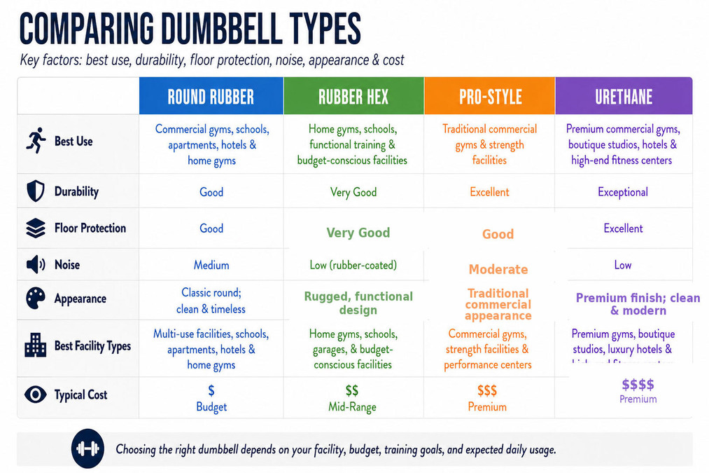 Comparing Dumbbell Types Infographic Infographic comparing round rubber dumbbells, rubber hex dumbbells, pro-style dumbbells and urethane dumbbells