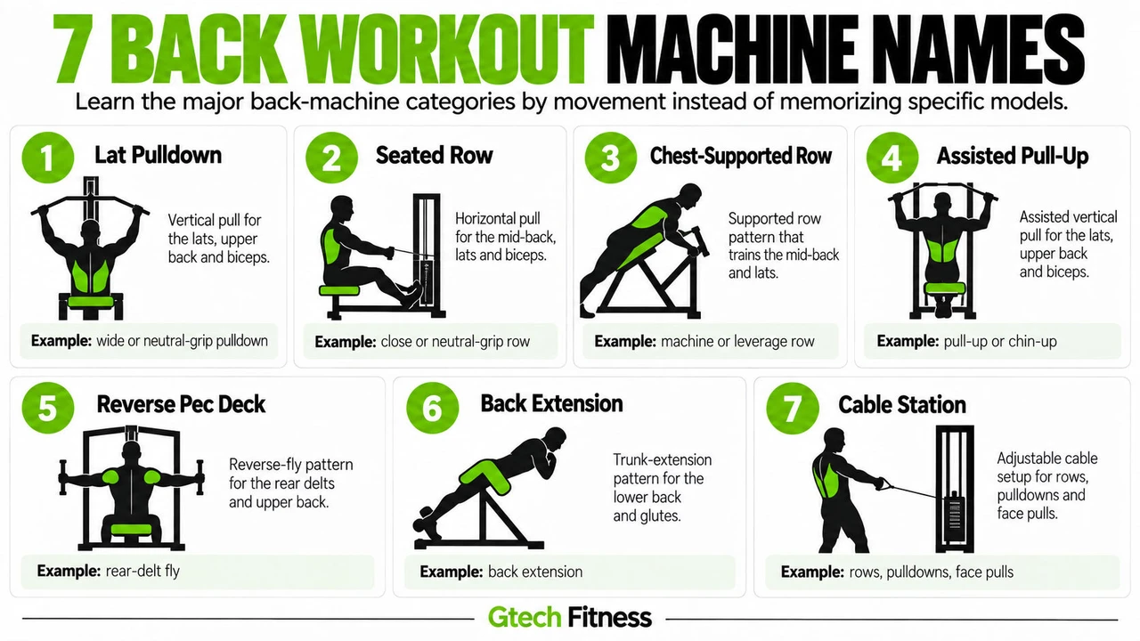 7 Back Workout Machine Names Seven Back Workout Machine Names and Common Exercises Infographic