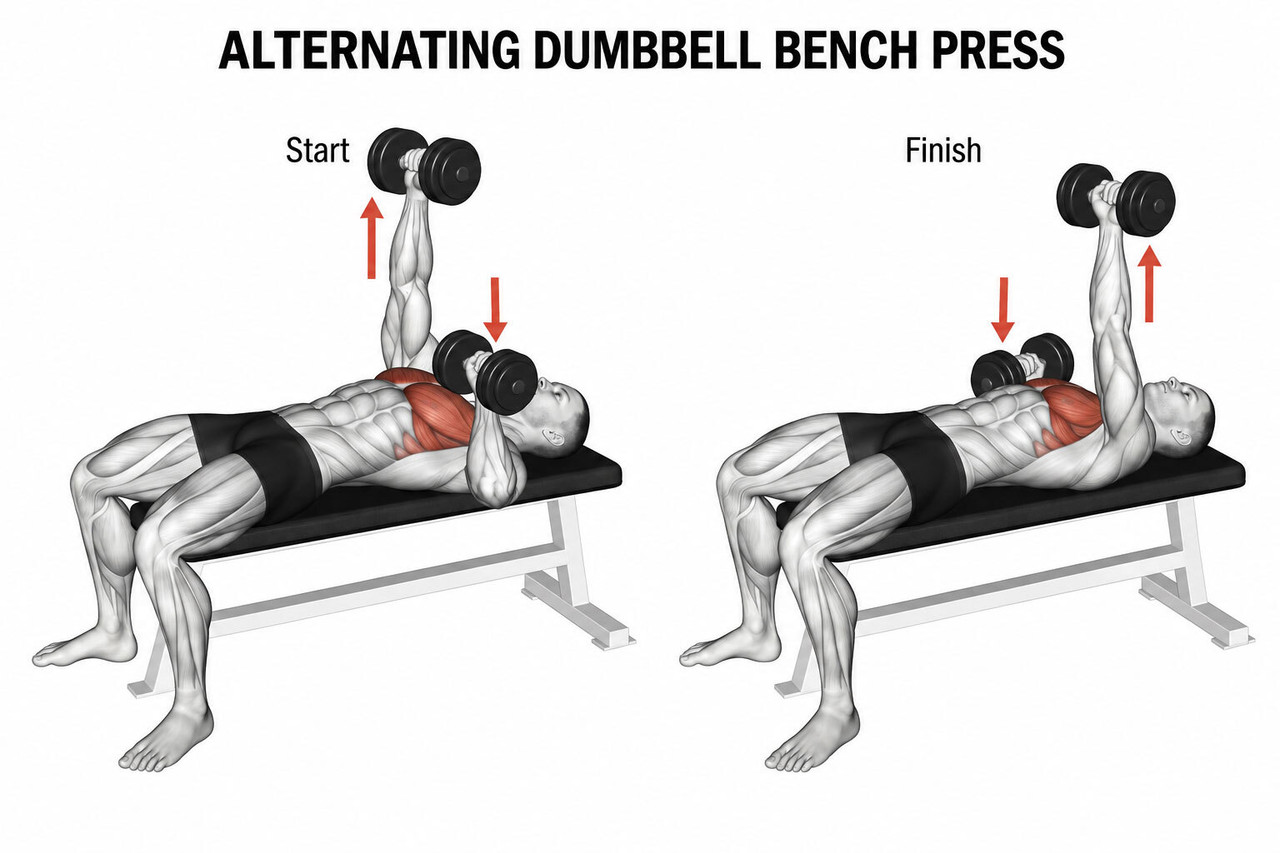 Alternating Dumbbell Chest Press Instructional Image Alternating Dumbbell Chest Press Instructional Image