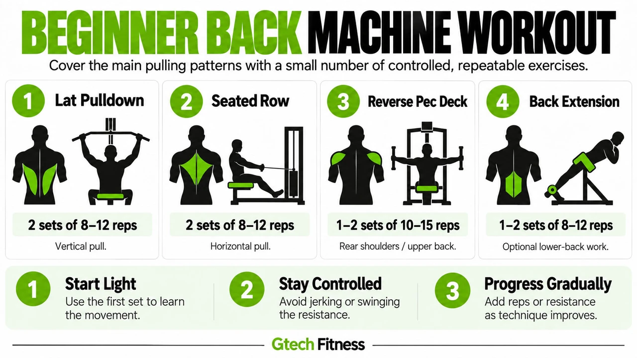 Beginner Back Machine Workout Beginner Back Machine Workout Infographic with Sets and Reps