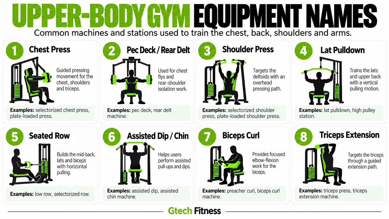 Common Upper-Body Gym Equipment Names Common Upper-Body Gym Equipment Names and Exercises Infographic