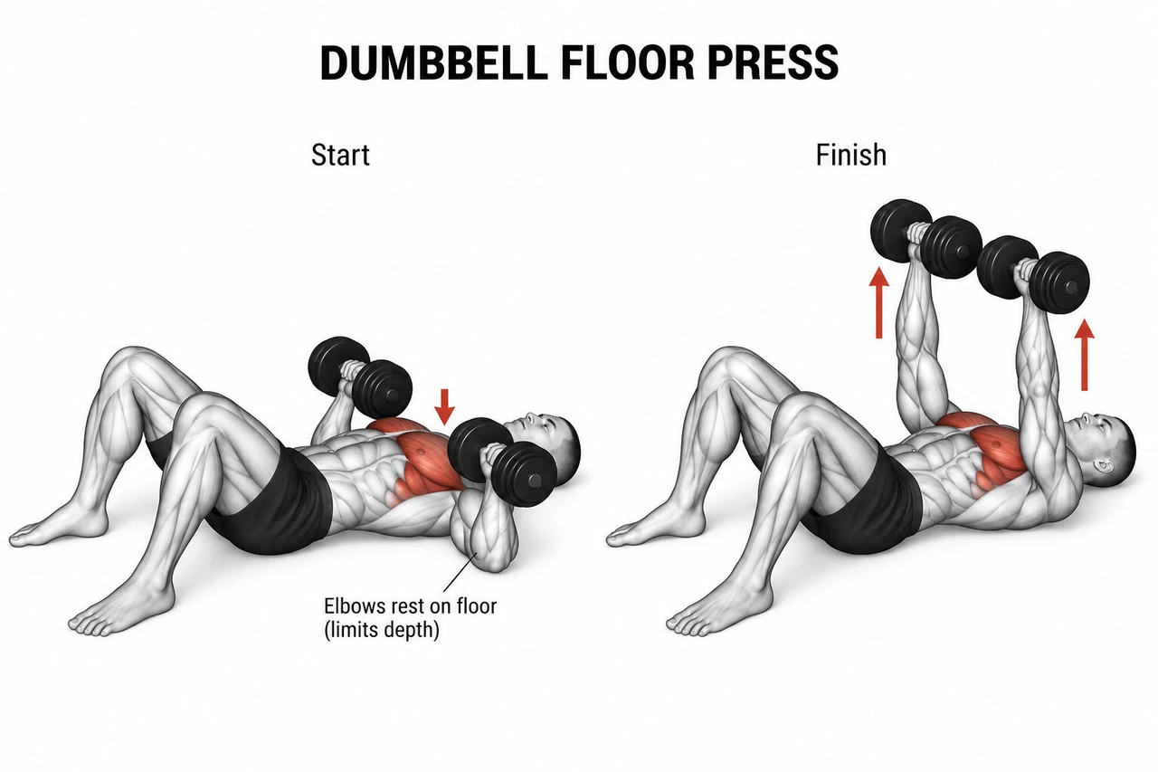 Dumbbell Floor Chest Press Instructional Image Dumbbell Floor Chest Press Instructional Image