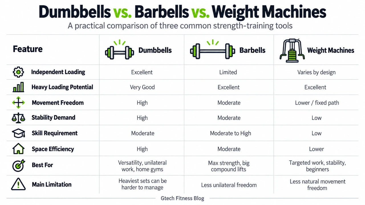 Dumbbells vs. Barbells vs. Machines Dumbbells vs Barbells vs Machines Infographic