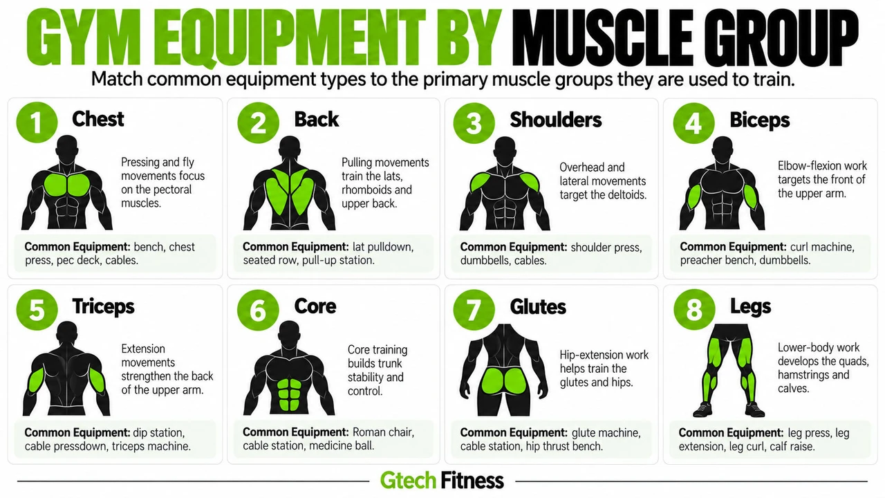 Gym Equipment by Muscle Group Gym Equipment by Muscle Group Infographic Showing Exercises and Equipment Types