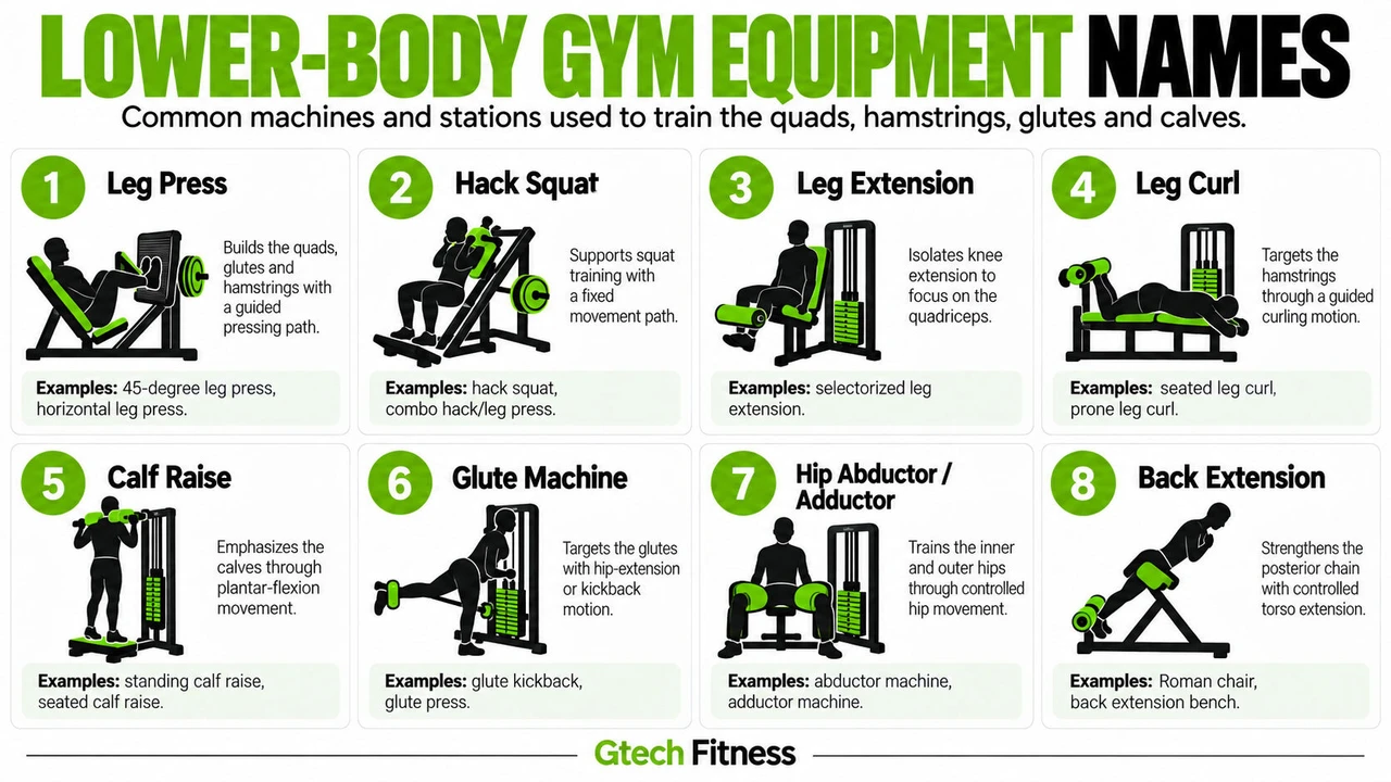 Lower-Body Gym Equipment Names Lower-Body Gym Equipment Names and Exercises Infographic