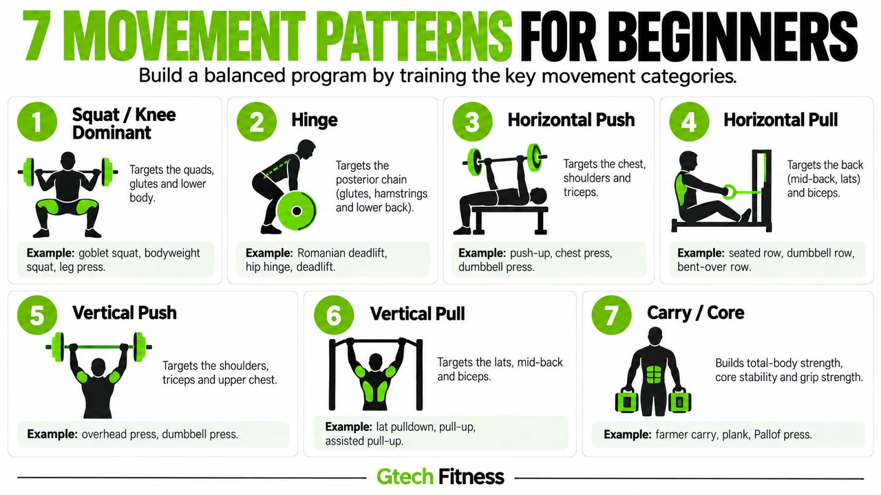 7 Movement Patterns for Beginner Strength Training Infographic 7 Movement Patterns for Beginner Strength Training Infographic