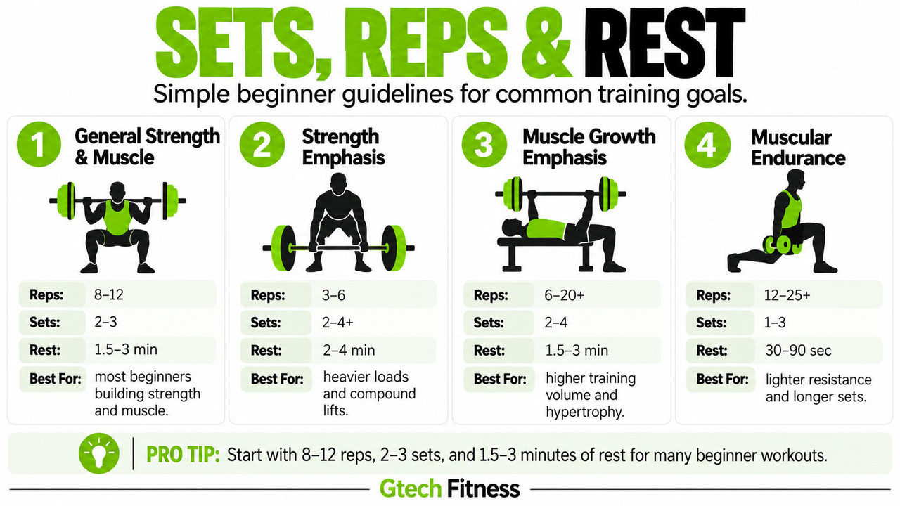 Sets, Reps and Rest for Strength Training Beginners Sets, Reps and Rest for Beginner Strength Training Infographic