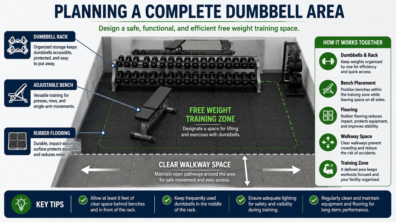 Diagram showing a complete dumbbell area with rack storage, adjustable bench, rubber flooring, walkway space and a free weight training zone