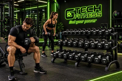 Athletes Training with Urethane Dumbbells in a Commercial Gym