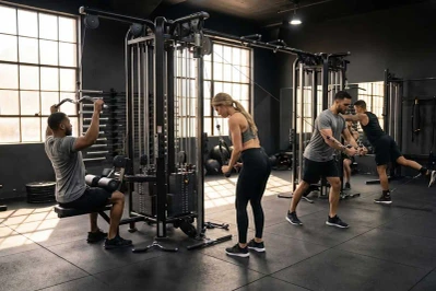 People Exercising with Cable Attachments in Gym