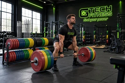 Man Training with Gym Bumper Plates in a Commercial Fitness Center