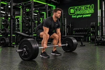 Man Exercising with Gym Weight Plates in a Commercial Fitness Center