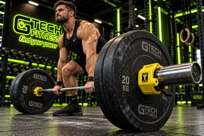 Male Athlete Deadlifting with Gym Weight Collars in Commercial Fitness Center