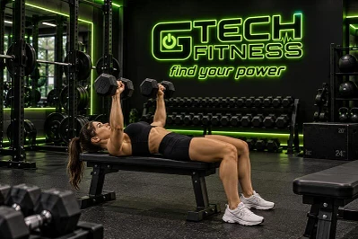 Woman Training on a Flat Weight Bench in a Commercial Gym