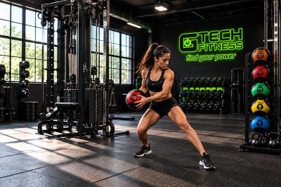 Woman Exercising with a Gym Medicine Ball in a Commercial Fitness Center