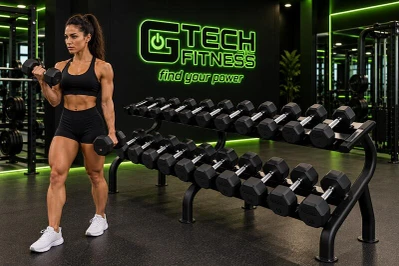 Woman Training with Rubber Dumbbells in a Commercial Gym