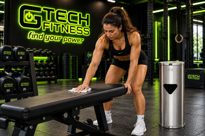 Woman Wiping a Gym Bench Beside a Stainless Steel Wipe Dispenser