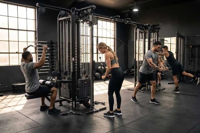 People Exercising with Cable Attachments in Gym