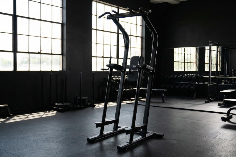 Commercial Power Tower in Gym for Pull-Ups, Dips, and Core Training