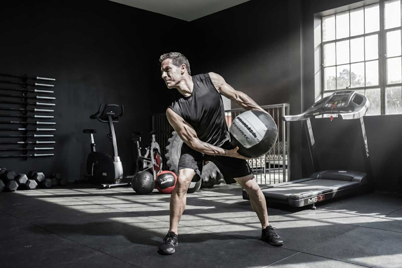 Man Exercising with Gym Accessories in Commercial Fitness Center