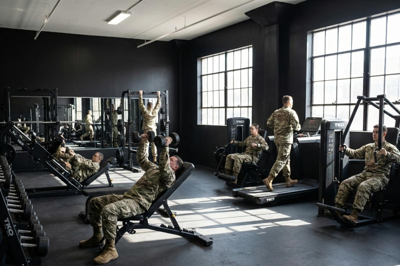 Military Personnel Exercising with Fitness Equipment in Gym