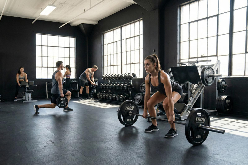 People Exercising with Urethane Weight Plates in Gym