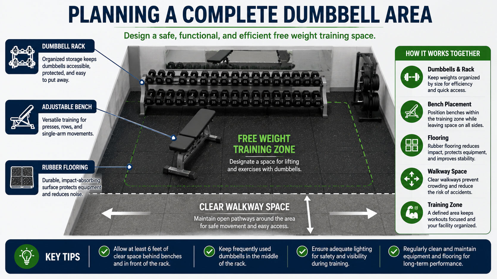 Planning a Complete Dumbbell Area Diagram showing a complete dumbbell area with rack storage, adjustable bench, rubber flooring, walkway space and a free weight training zone